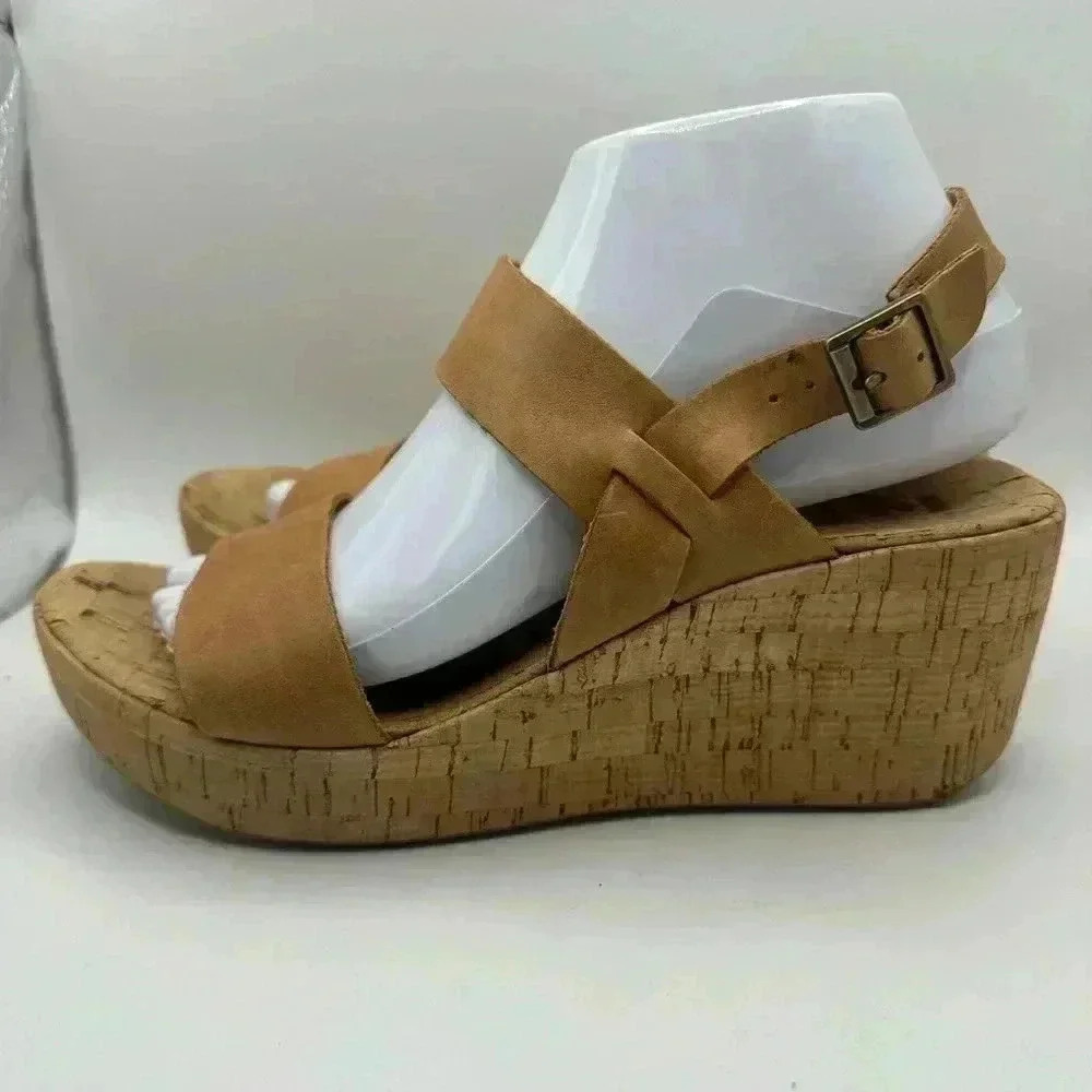 Kork Ease Women's Cork Bottom Wedges Sandals Size 8 Tan Camel Leather